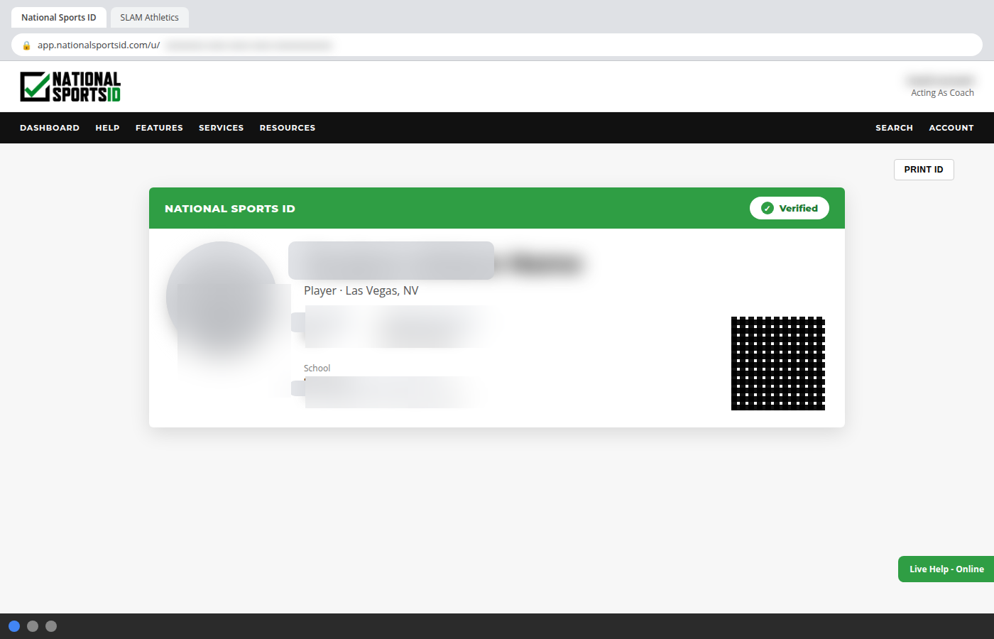 Privacy-blurred parent National Sports ID card showing a green Verified checkmark