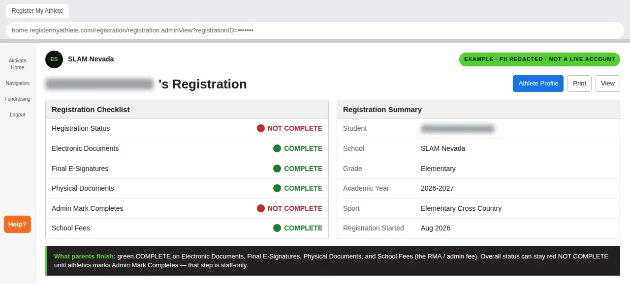 Redacted Register My Athlete checklist with parent steps showing green COMPLETE